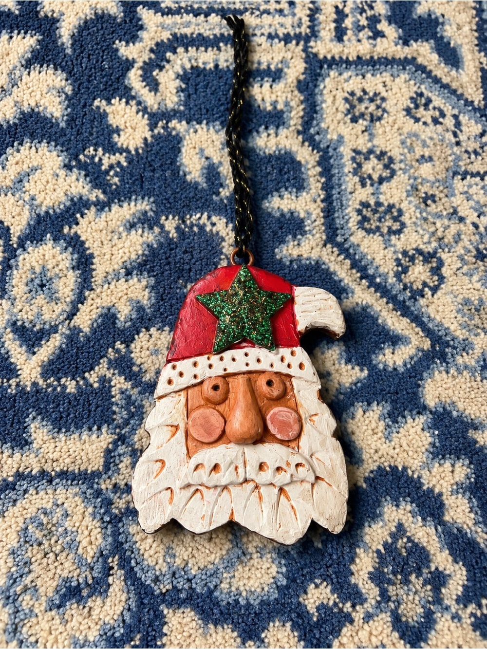 Festive Santa Face Ornament in Red & White with Green Star